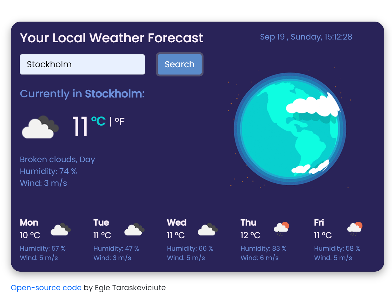 Weather app with 5 days weather forecast